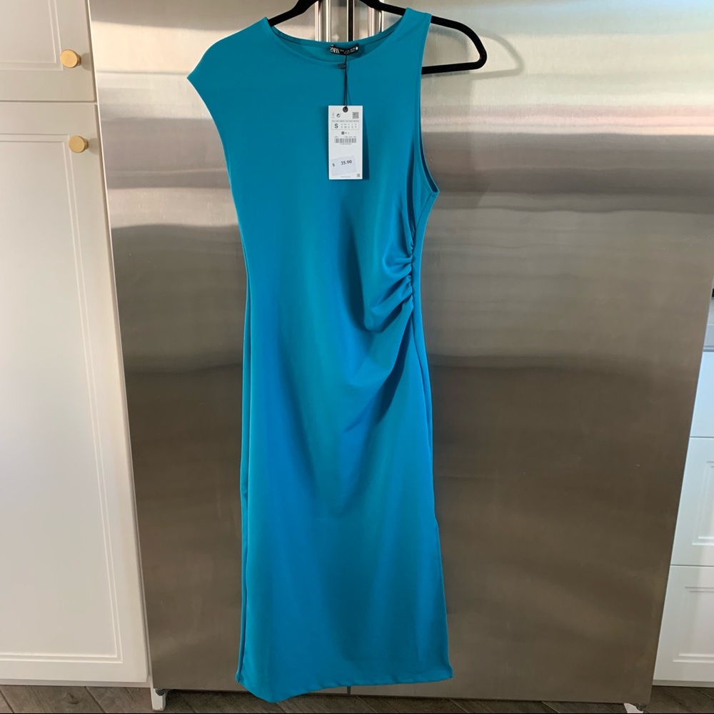 ZARA Teal Asymmetrical Midi Cocktail Dress